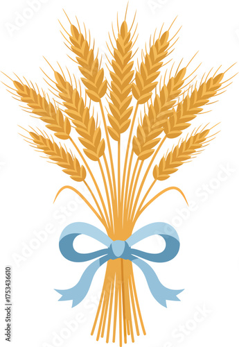 A bundle of golden wheat stalks tied with a light blue ribbon bow.