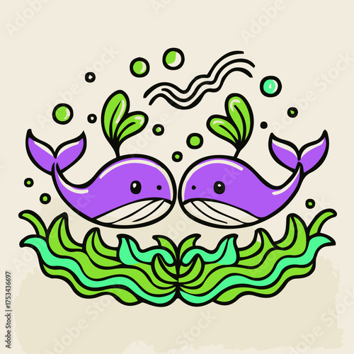 Cute Doodle Whales with Seaweed in Hand-Drawn Style Vector