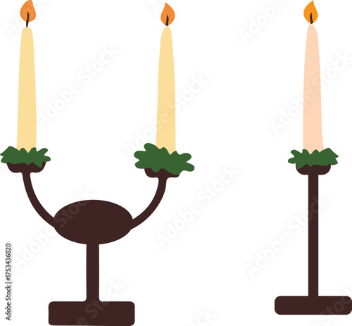 candlestick with candle. tall wax pillar candles in candlestick,. double and single candle holder. home decoration candle light vector illustration.