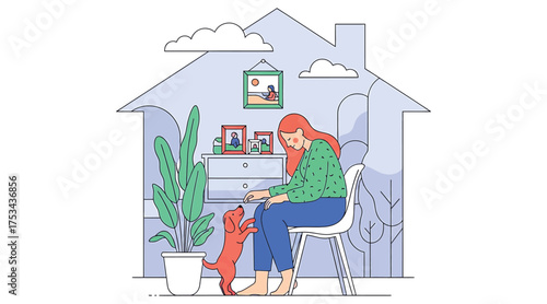 Vector art of a woman is sitting at a desk, working on a laptop, with her dog standing on its hind legs, looking at her