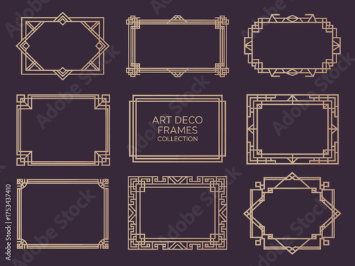 Golden Art Deco Borders Set,  Elegant 1920s geometric frames and vintage ornaments featuring luxury linear patterns, abstract decorative lines, and nouveau style design elements for invitations or bra