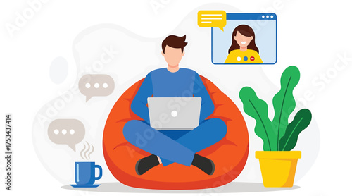 Vector art of a man is sitting on a beanbag chair with a laptop, having a video call with a woman, with a cup of coffee and a plant nearby