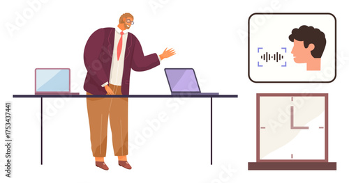 Man standing near table with laptops, digital face recognition, and clock display. Ideal for presentations, business planning, technology integration, time management, AI applications, workplace