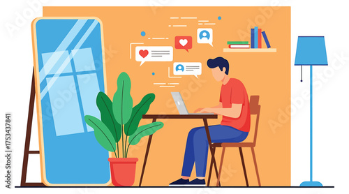 Vector art of a man is sitting at a desk with a laptop, with social media notifications, with a plant and a mirror nearby