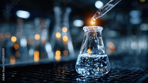 Laboratory Experiment: Dropper Adding Liquid to Flask in Dark Environment