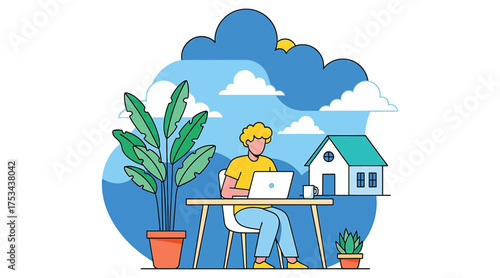 Illustration of a man working on a laptop at a desk outside with a house and clouds in the background