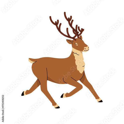 Reindeer, wild forest animal. Winter deer with antlers, horns. Christmas holiday northern stag running. American fauna, north wildlife nature. Flat vector illustration isolated on white background.