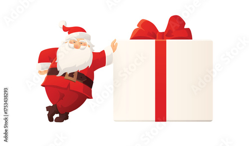 Cheerful Santa Claus leaning on a big Christmas gift box with red ribbon. Festive cartoon vector for Christmas sale, holiday shopping, big deal offers, Black Friday or Cyber Monday promotions.