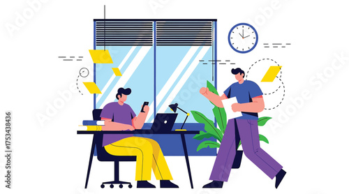 Illustration of two men working in an office with a window and plants