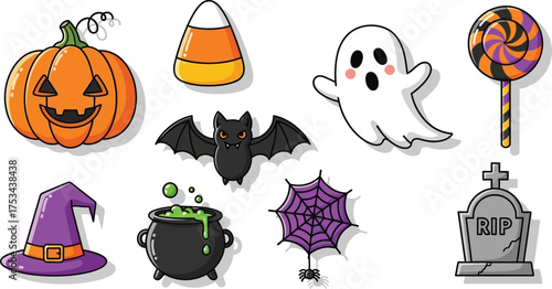 A collection of cute and spooky Halloween-themed illustrations including a jack-o'-lantern, ghost, bat, witch hat, cauldron, spiderweb, candy corn, lollipop, and tombstone.