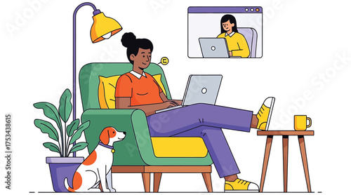 Vector art of a woman is sitting in a chair with her dog, working on her laptop, and having a video call with another woman she is working from home