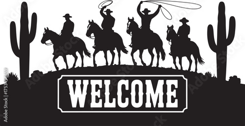 Four Cowboys on Horseback Black Silhouette Illustration