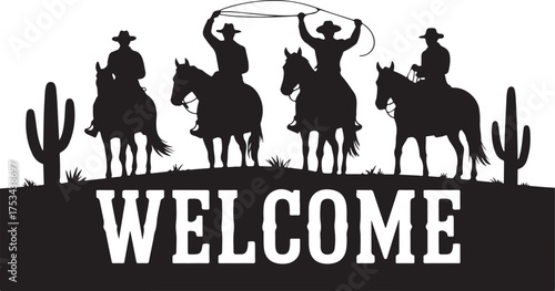 Four Cowboys on Horseback Black Silhouette Illustration
