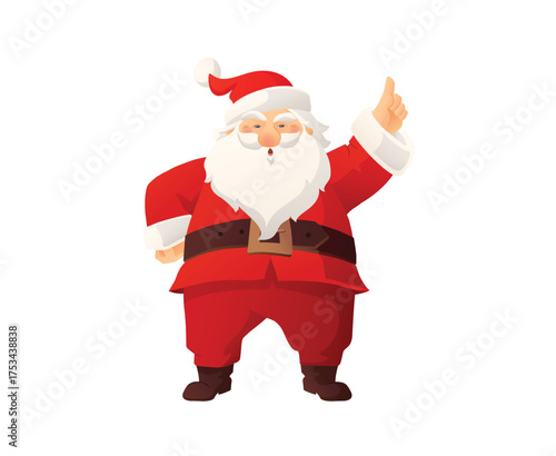 Santa Claus pointing up, making a holiday announcement or attention gesture. For Christmas sale banners, festive posters, greeting cards, social media ads. Transparent background in vector file.