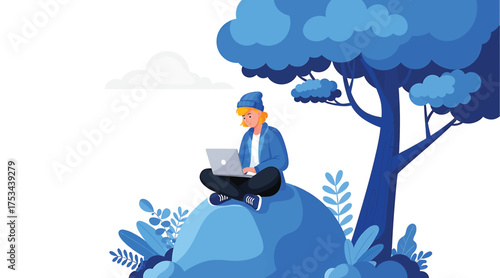Vector art of a young man sits crosslegged under a tree, working on his laptop with a serene expression, embodying the flexibility and tranquility of remote work