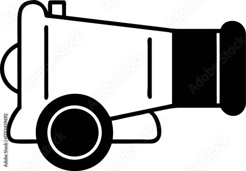 Black and white line art cannon icon representing historical warfare, military artillery, and ancient weaponry for historical design