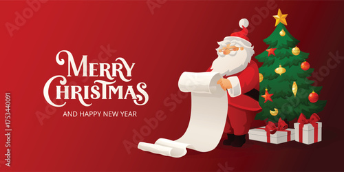 Santa Claus reading a long Christmas wish list. Decorated Christmas tree and gifts on a red background. Festive lettering. Ready-to-use vector Christmas banner for holiday marketing, social media.