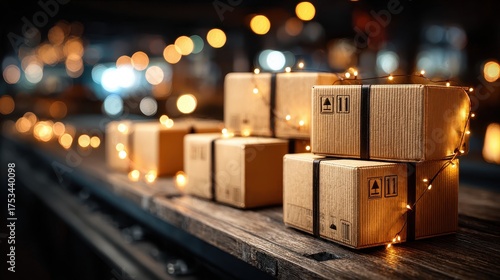 Stacked Cardboard Boxes with String Lights on Wooden Surface at Night