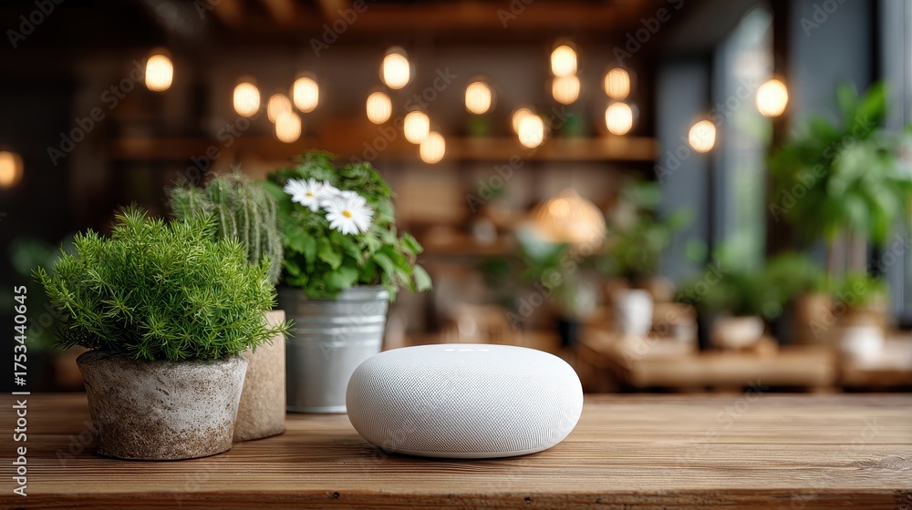 Fototapeta premium Smart Speaker with Plants on Wooden Table in Cozy Home Interior