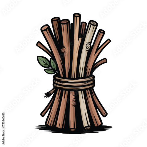 Bundle of brown wooden sticks tied with rope and green leaves logs firewood