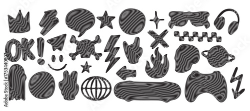 Y2K. Abstract. Shapes. A retro vector set of various icons with a psychedelic warped texture for a modern poster, a sticker pack, a t-shirt, or a trendy social media graphic design.
