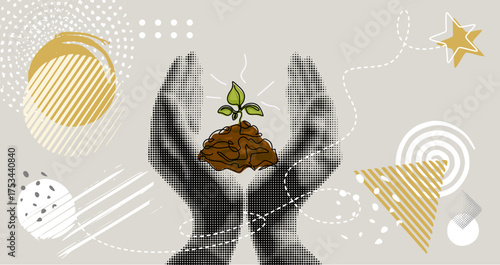 Trendy halftone collage. Hands holds soil with growing sprout. Theme of environmental protection. Environment protection. Vector
