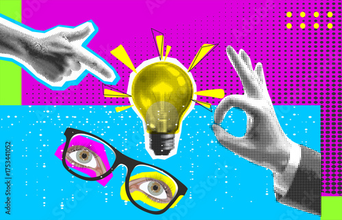 Collage with halftone hands, eyes in glasses and light bulb. Creative idea generation or brainstorm concept vector pop art retro style illustration. design element for infographic, poster, website