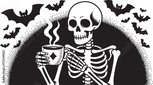 Skeleton Holding Coffee Cup Black Line Vector Illustration