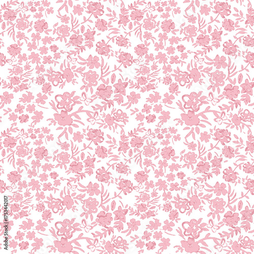 Ditsy pink floral seamless pattern on a white background. Delicate monochrome flower illustration. Classic vintage botanical design for shabby chic fabric, textiles, or romantic wallpaper.