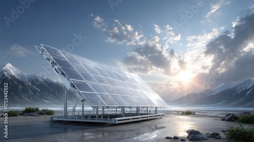 Solar Panel Array in Mountain Landscape Under Cloudy Sky at Sunrise