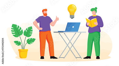 Vector art of two colleagues are brainstorming ideas in a creative workspace with a laptop, light bulb, book, and plant