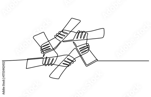 Continuous one line of three human hands holding each other, People unite their hands together continuous line drawing isolated background for Teamwork concept.