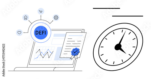 Decentralized finance graph on laptop, certificate with seal, clock, process efficiency. Ideal for blockchain, investment, time tracking, productivity, finance analysis tools simple flat metaphor