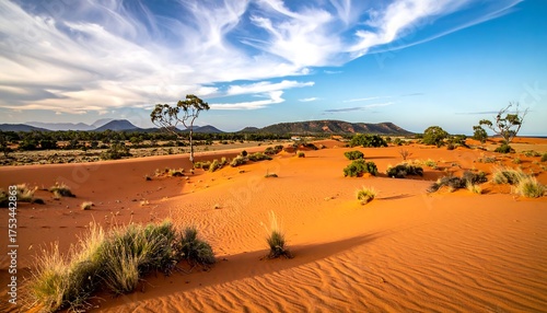 Fototapeta Naklejka Na Ścianę i Meble -  A sunlit arid landscape with a sandy dune, sparse vegetation, and distant hills under a partly cloudy, blue sky