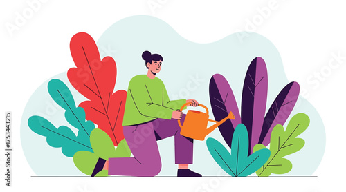 Vector art of a woman is watering plants in a garden, she is using a watering can to take care of the plants and flowers in her yard