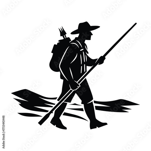 Hunter Crossing River With Equipment On Shoulder Realistic Motion Silhouette