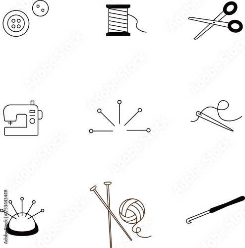ソーイングアイテムのアイコンセット、モノクロ　Web　Adobe Illustrator Artwork