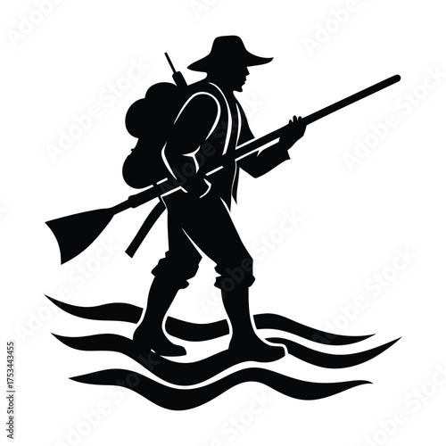 Hunter Crossing River With Equipment On Shoulder Realistic Motion Silhouette