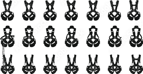 Safety harness silhouette, industrial fall protection vector, construction worker gear, climbing equipment design, protective strap illustration, secure belt clip art set