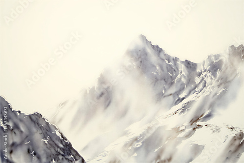 Soft watercolor painting of snowy mountain peaks in morning mist. Minimalist composition with gentle light and neutral tones creates a calm, airy atmosphere perfect for wall art and decor