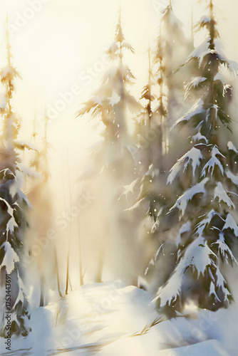Soft watercolor landscape of a snowy forest glowing in gentle morning light. Warm sunlight through pine branches creates a peaceful, serene winter mood. Perfect for wall art and seasonal decor