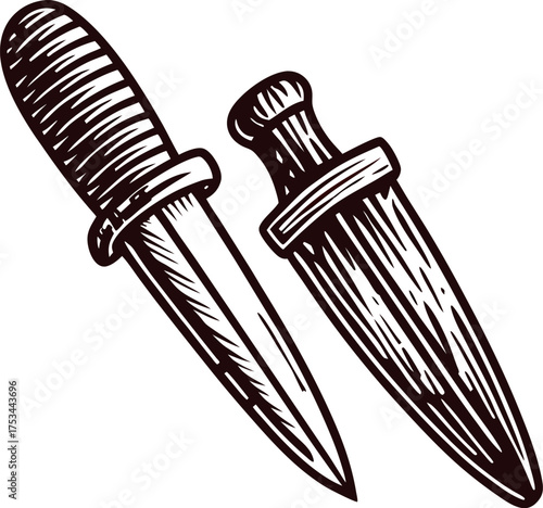 Hand drawn vintage dagger and sheath isolated engraved illustration of historical knife with textured hilt and blade