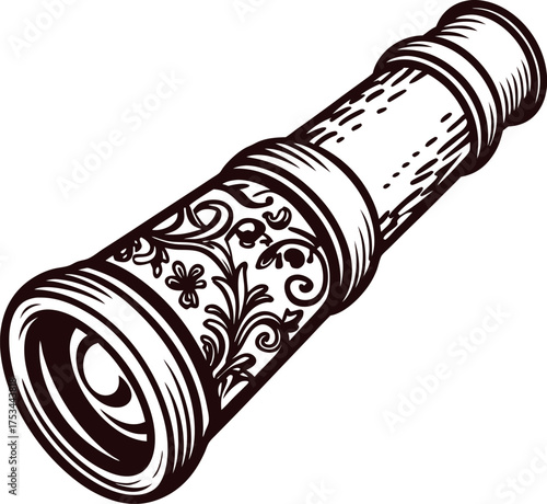 Hand drawn ornate brass telescope isolated on white background vintage engraved illustration
