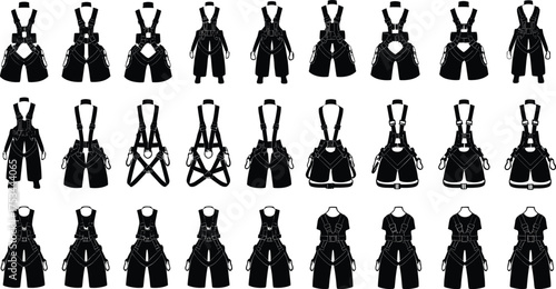 Safety harness silhouette, industrial fall protection vector, construction worker gear, climbing equipment illustration, protective strap design, secure belt clip art set