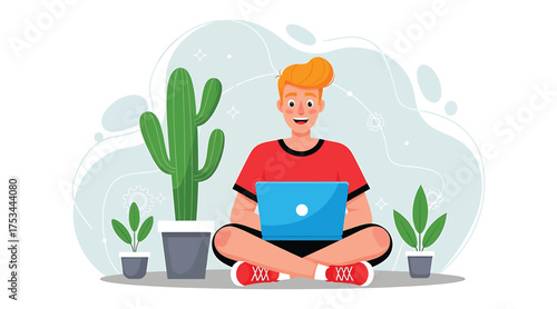 Vector art of a young man is sitting crosslegged with his laptop, surrounded by plants, he looks surprised and happy while working from home
