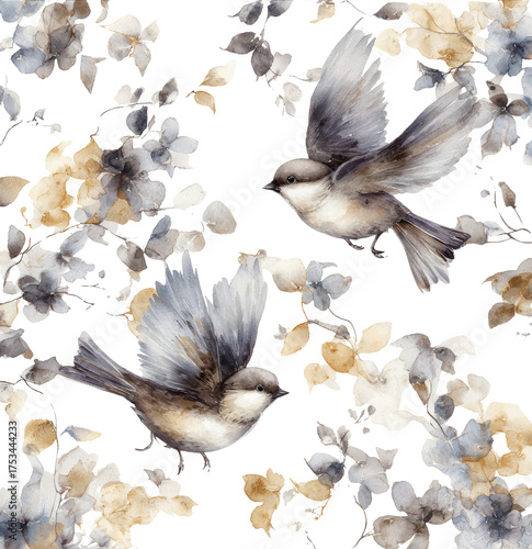 Fototapeta Naklejka Na Ścianę i Meble -  Elegant watercolor bird and flower pattern. serene vintage floral illustration