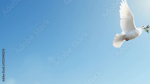 White Dove Flying With Green Olive Branch In Clear Blue Sky peace symbol of peace