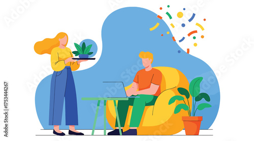 Vector art of a woman is bringing a plant to a man who is working on his laptop in a cozy and colorful room, confetti in the background adds a festive touch