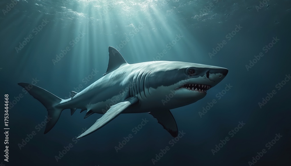 Fototapeta premium Illustration of a great white swims underwater. Sun rays penetrate water. Predator animal marine life swimming in deep ocean. Aquatic wildlife concept.