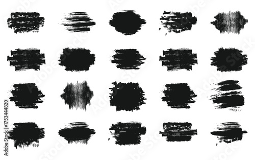 Collection of black grunge brush stroke splatters and textures isolated on transparent background